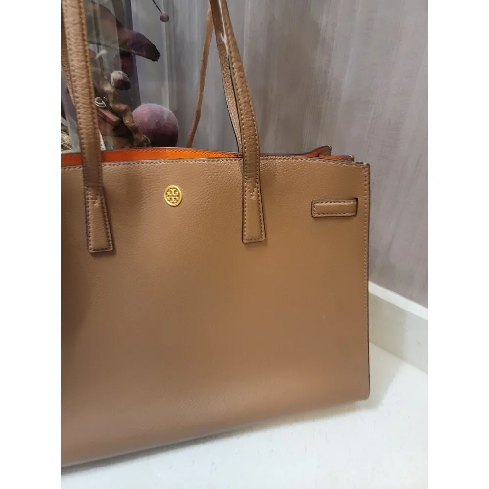 Tory Burch Walker Satchel Leather Tote Bag A4 Brown Used Authentic - Picture 2 of 10